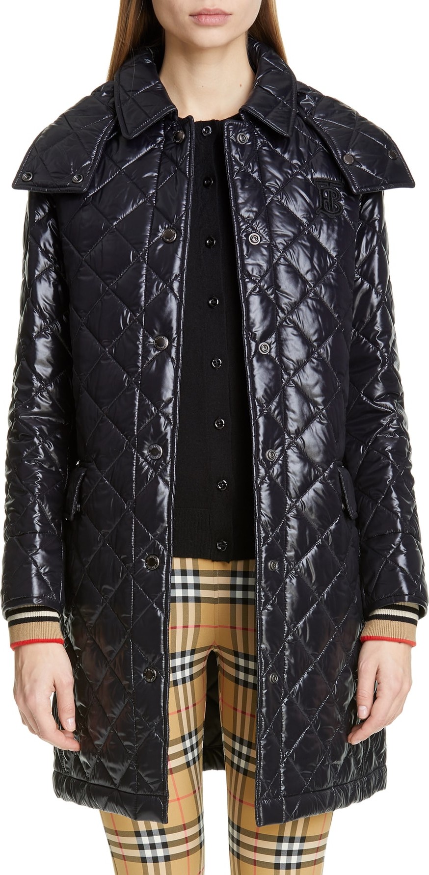 Burberry London England Dereham Monogram Logo Knit Cuff Quilted Coat