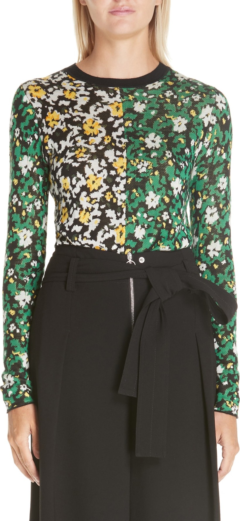 Proenza Schouler Bicolor Silk Jacquard Floral Sweater