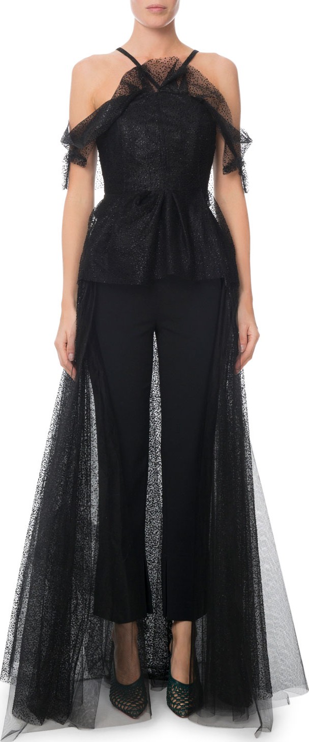 Roland Mouret Kendray Cold-Shoulder Ruffled Dotted Tulle-Back Jumpsuit
