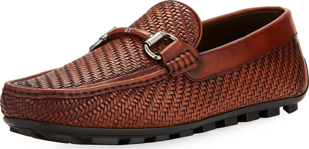 Ermenegildo Zegna Giorgio Pelle Tessuta Leather Driver, Light Brown