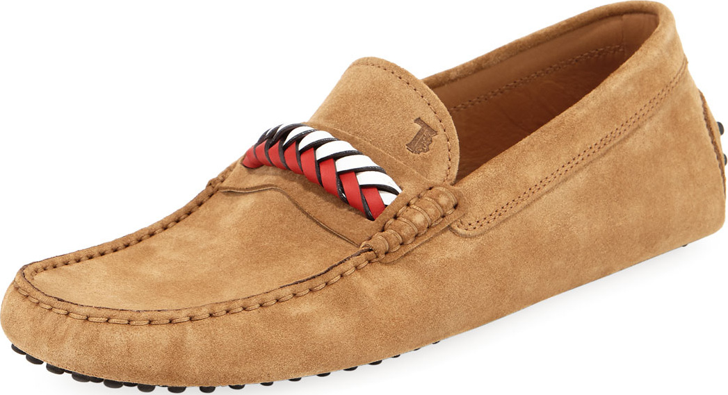 Tod's Braided-Vamp Suede Driver, Tan