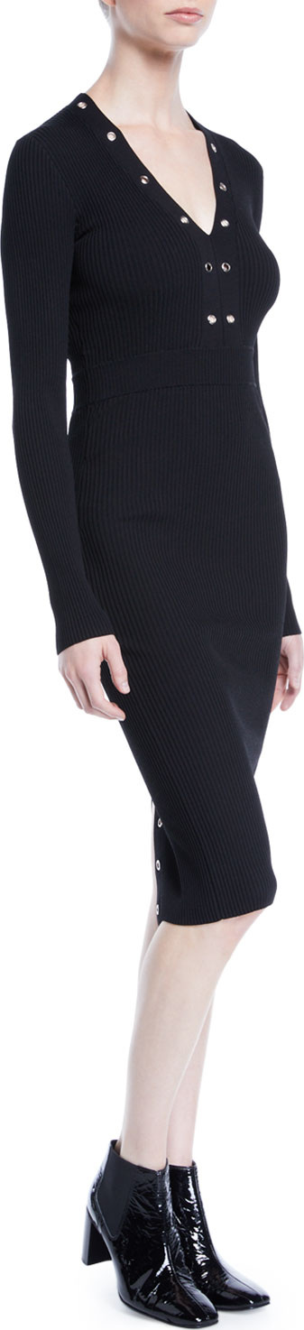 McQ - Alexander McQueen Ribbed Lace-Up Long-Sleeve Dress with Grommet Trim