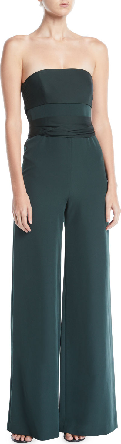 MILLY Brooke Strapless Sash-Waist Wide-Leg Italian-Cady Jumpsuit