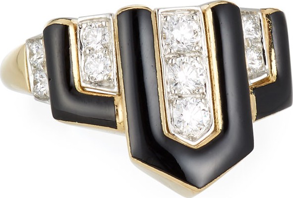 David Webb Geometric Black Enamel & Diamond Ring, Size 6.25