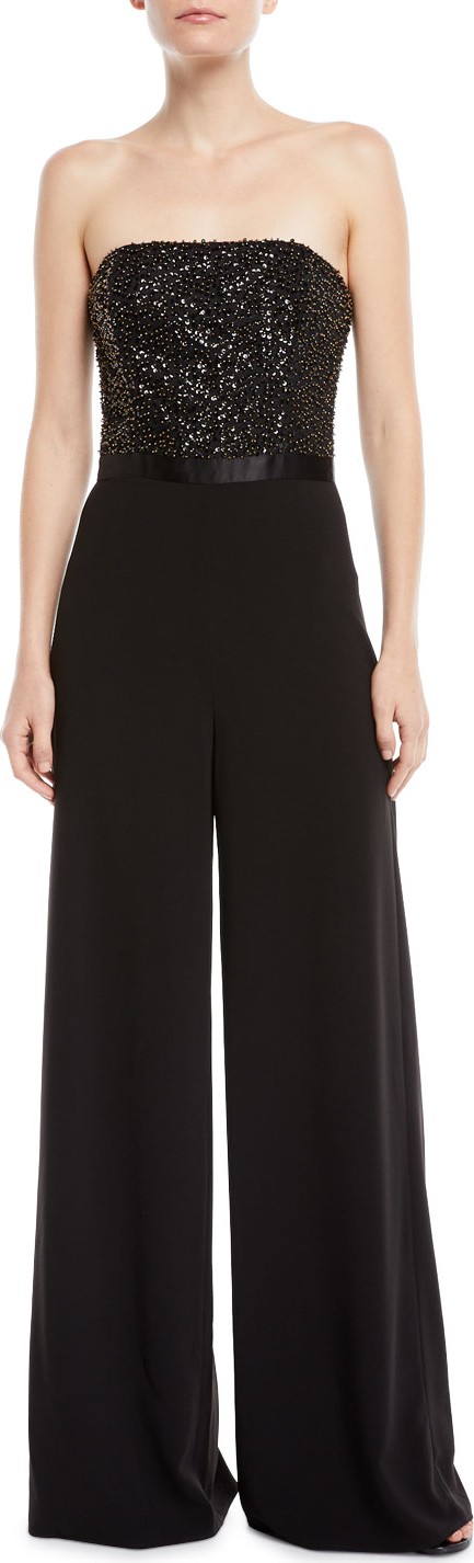 HALSTON HERITAGE Strapless Flowy Embellished Jumpsuit