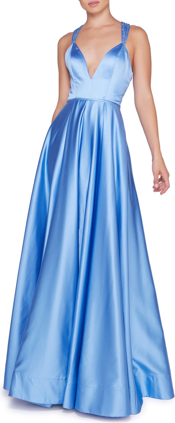 Ieena for Mac Duggal V-Neck Sequin-Strap Racerback Pleated Gown