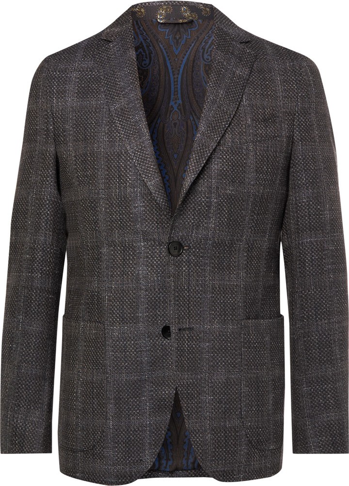 Etro Grey Checked Wool, Silk and Linen-Blend Blazer