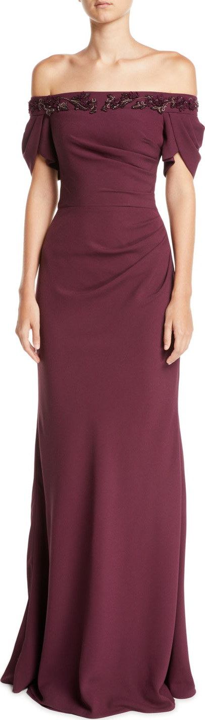 David Meister Off-the-Shoulder Crepe Gown w/ Beaded Trim
