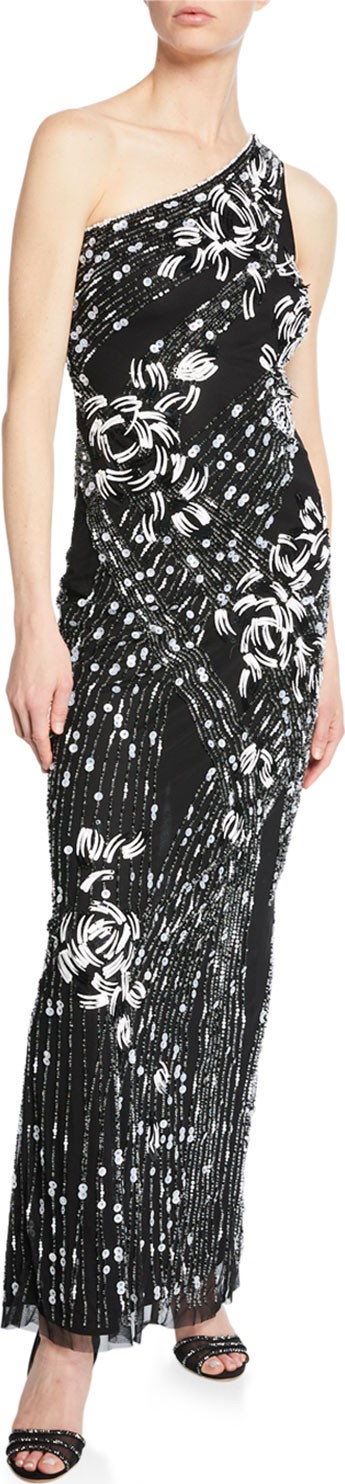 Parker Tasha One-Shoulder Sleeveless Beaded Column Dress