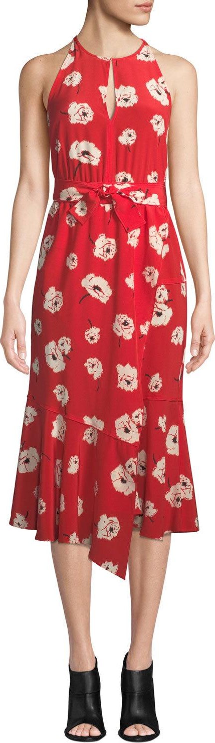 Derek Lam 10 Crosby Floral-Print Belted Halter Dress with Asymmetric Hem