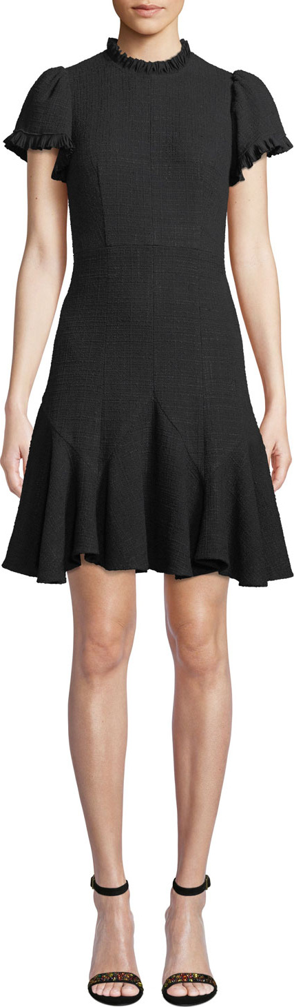 Rebecca Taylor Short-Sleeve Ruffle Tweed Short Dress