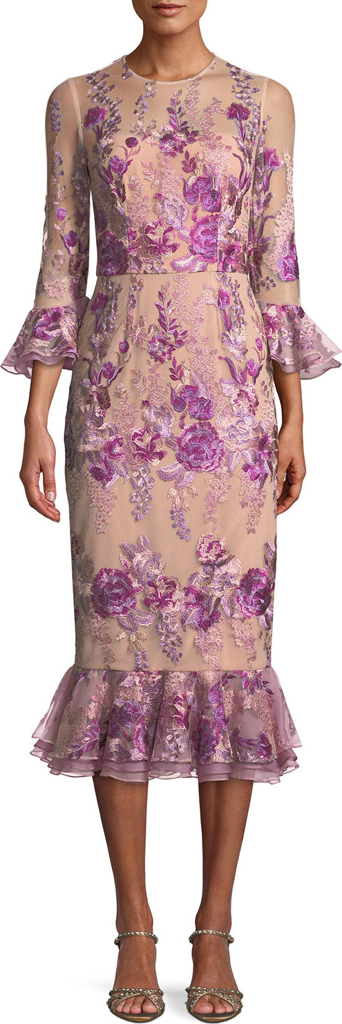 David Meister Floral Embroidered Trumpet-Sleeve Dress w/ Flounce Hem