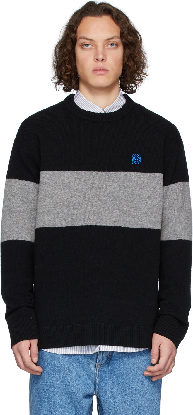LOEWE Black & Grey Stripe Anagram Sweater