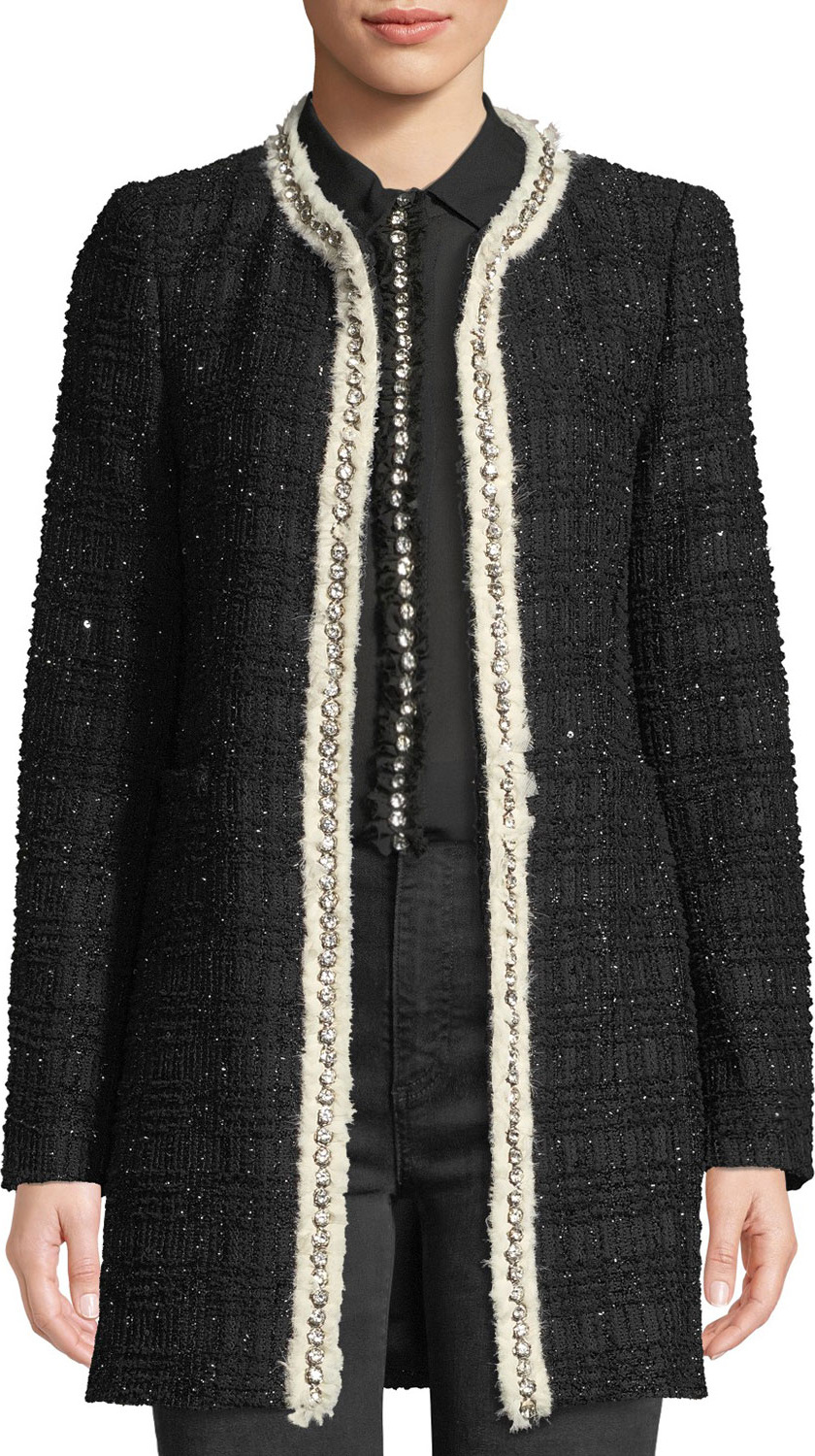 Alice + Olivia Andreas Collarless Boucle Jacket w/ Crystalized Embroidery Alice + Olivia Andreas Collarless Boucle Jacket w/ Crystalized Embroidery