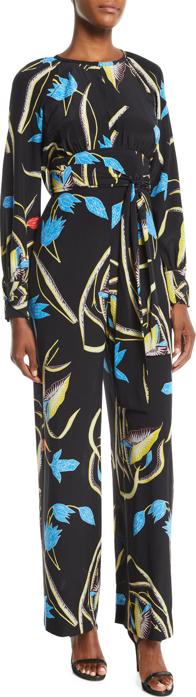 DIANE von FURSTENBERG Long-Sleeve Floral Silk Tie-Waist Jumpsuit