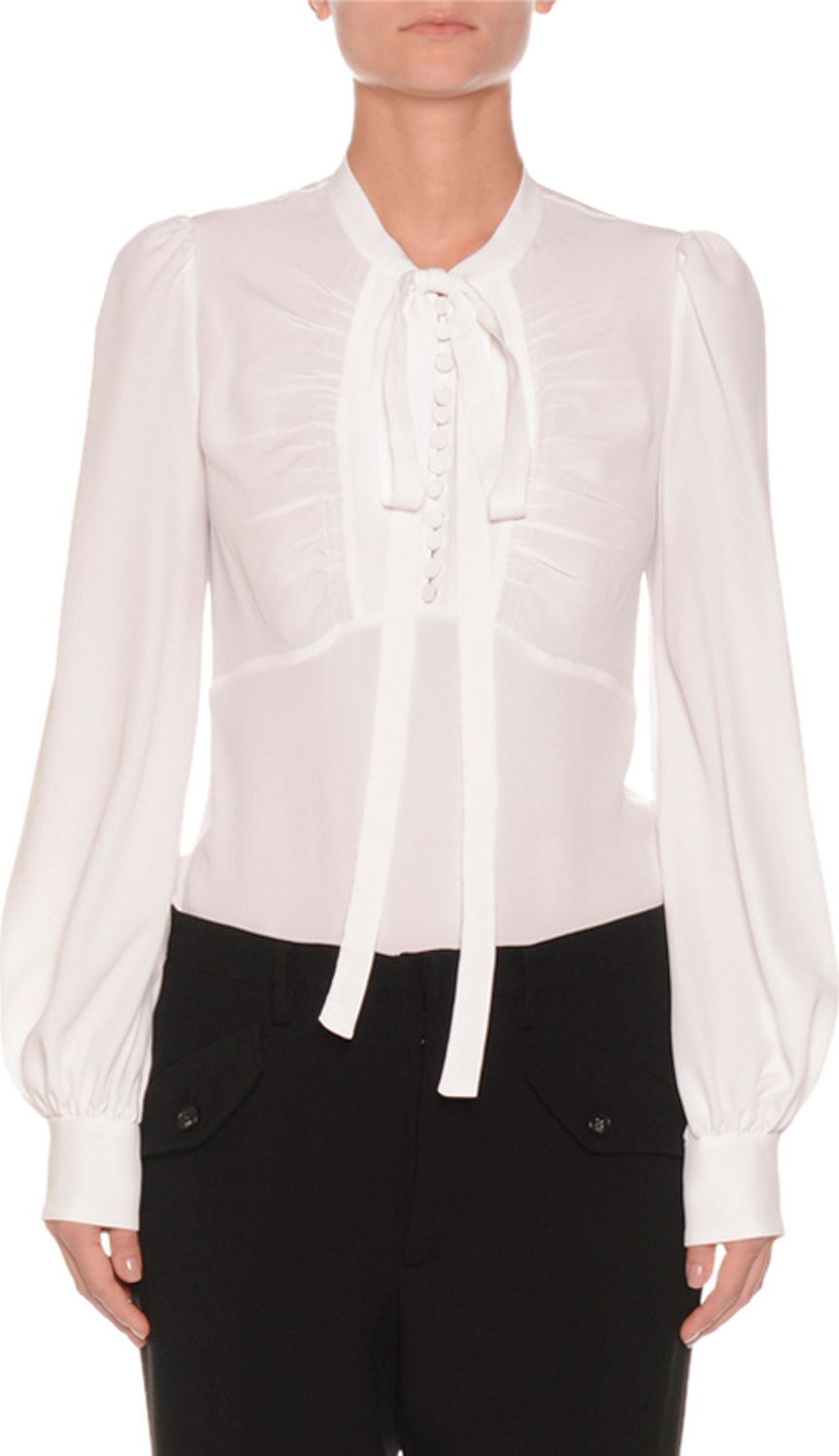 Nº21 Tie-Neck Shirred Button-Front Long-Sleeve Silk-Blend Blouse