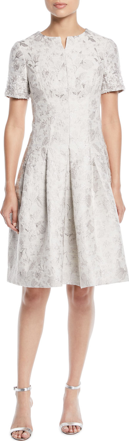 Rickie Freeman for Teri Jon Jacquard Dress w/ Beaded Short Sleeves