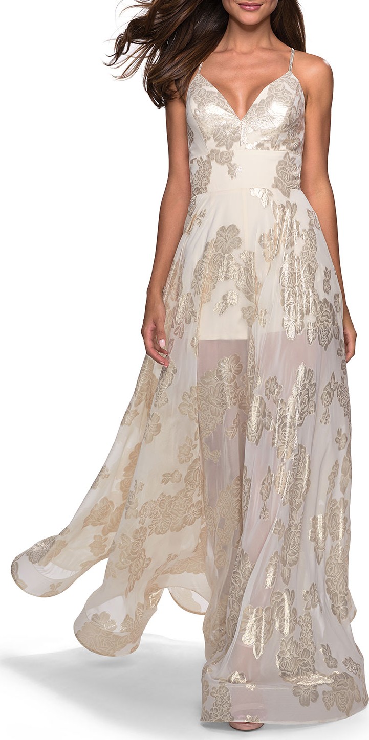 La Femme V-Neck Sleeveless Sheer Romper-Style Gown with Metallic Floral Detail