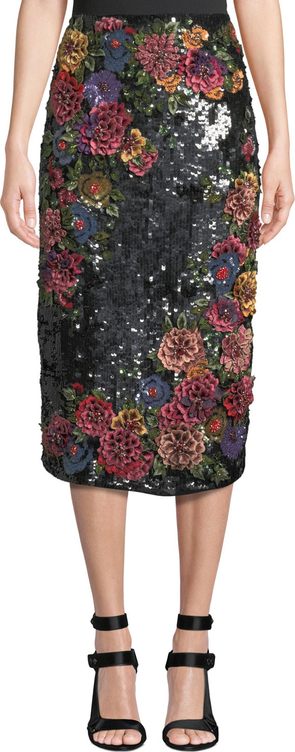 Alice + Olivia Ella Embellished Clean-Waist Straight Midi Skirt