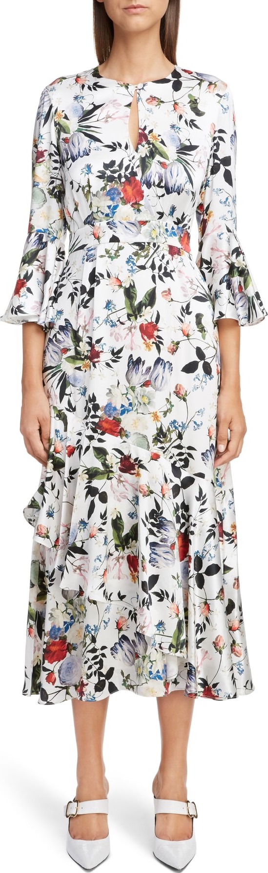 Erdem Floral Silk Satin Frill Midi Dress