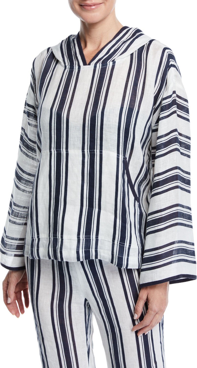 Tory Burch Awning Stripe Linen Coverup Hoodie