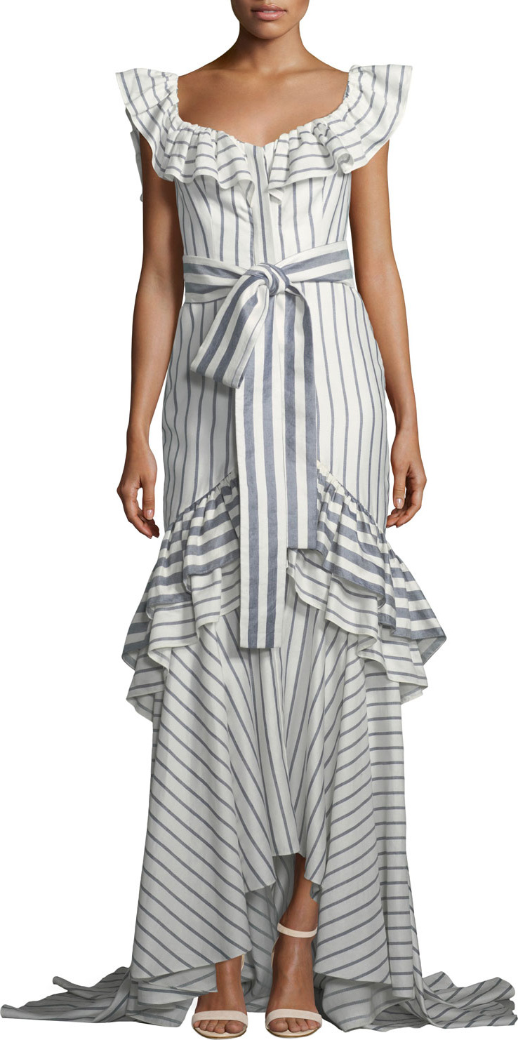 Alexis Madelia Striped Ruffle High-Low Gown