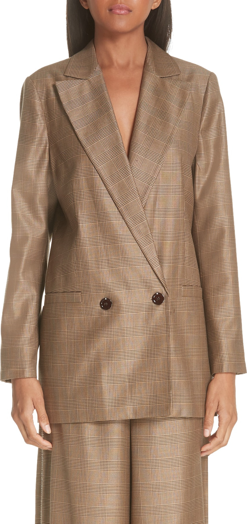 Ganni Double Breasted Check Silk & Wool Blazer
