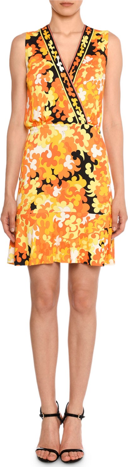 Emilio Pucci Sleeveless Surplice-Neck Hydrangea-Print A-Line Dress