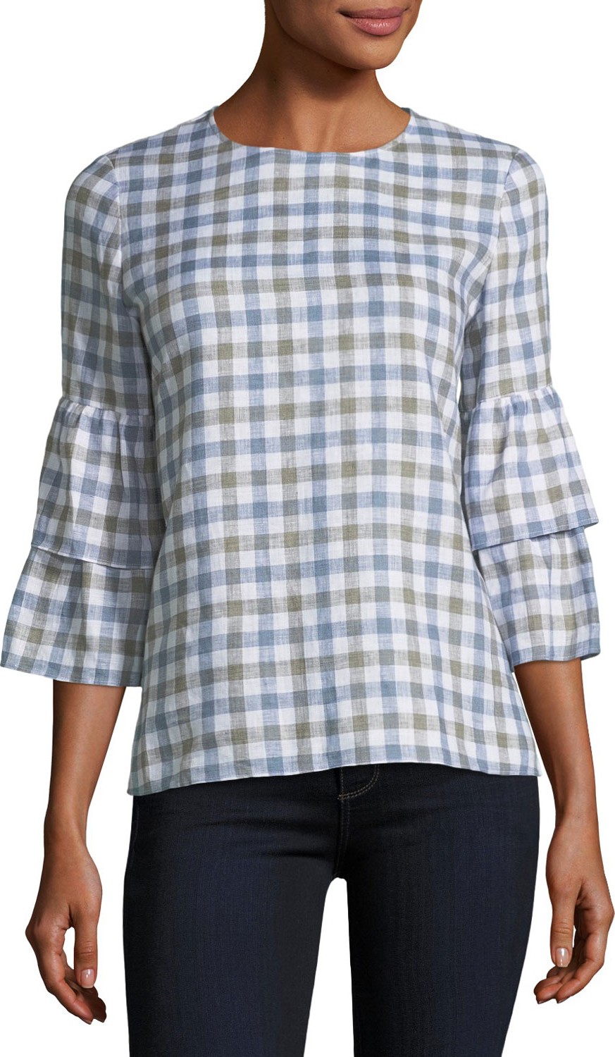 Lafayette 148 New York Linen Check Tiered-Sleeve Blouse