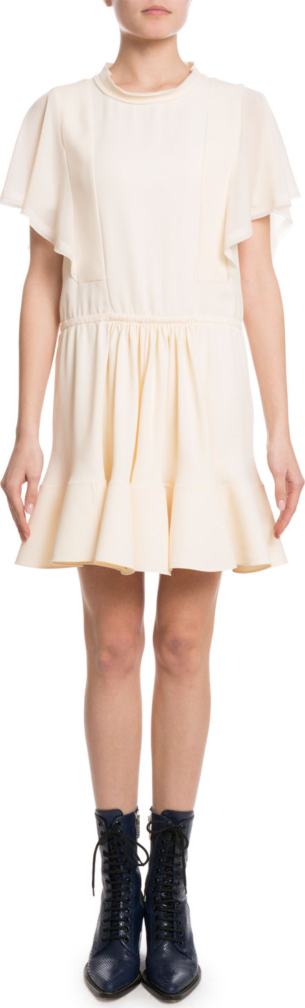 Chloe Flutter-Sleeve Drawstring-Waist Light-Cady Short Dress