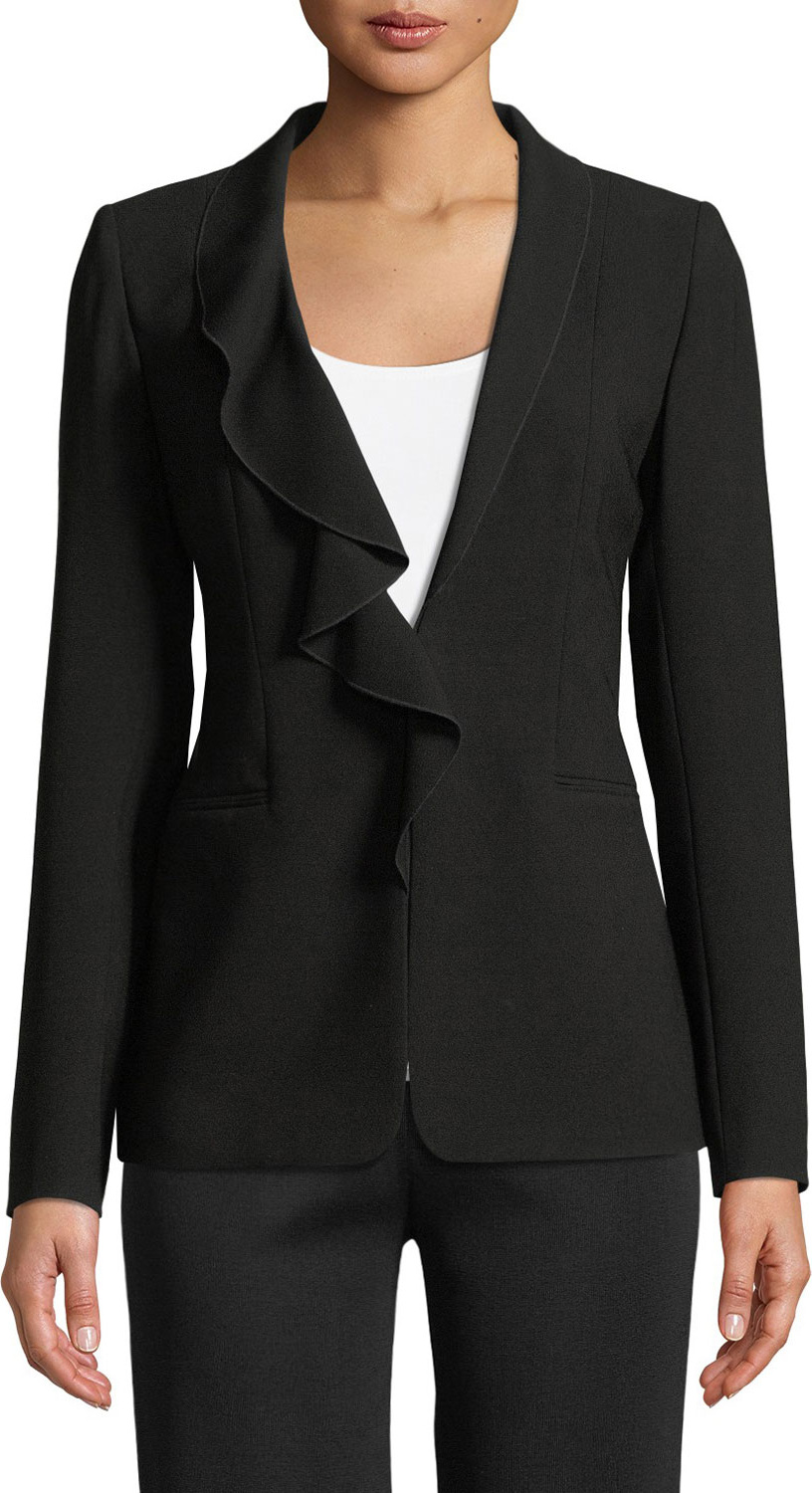 Elie Tahari Siyah Ruffle-Collar Jacket