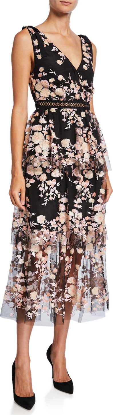 Self Portrait Sleeveless Midnight Floral Mesh Dress