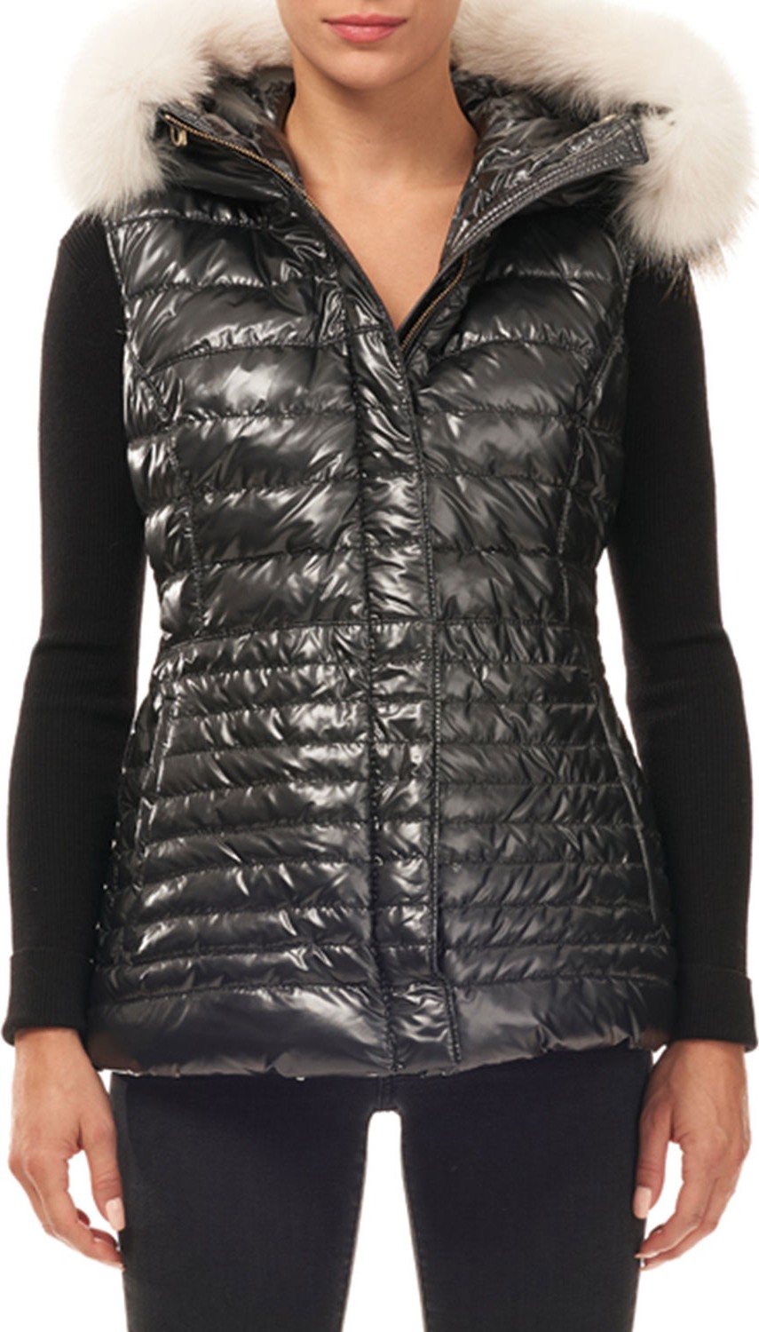 Gorski Horizontal-Quilted Puffer Apres-Ski Vest w/ Fox-Fur Trim Gorski Horizontal-Quilted Puffer Apres-Ski Vest w/ Fox-Fur Trim