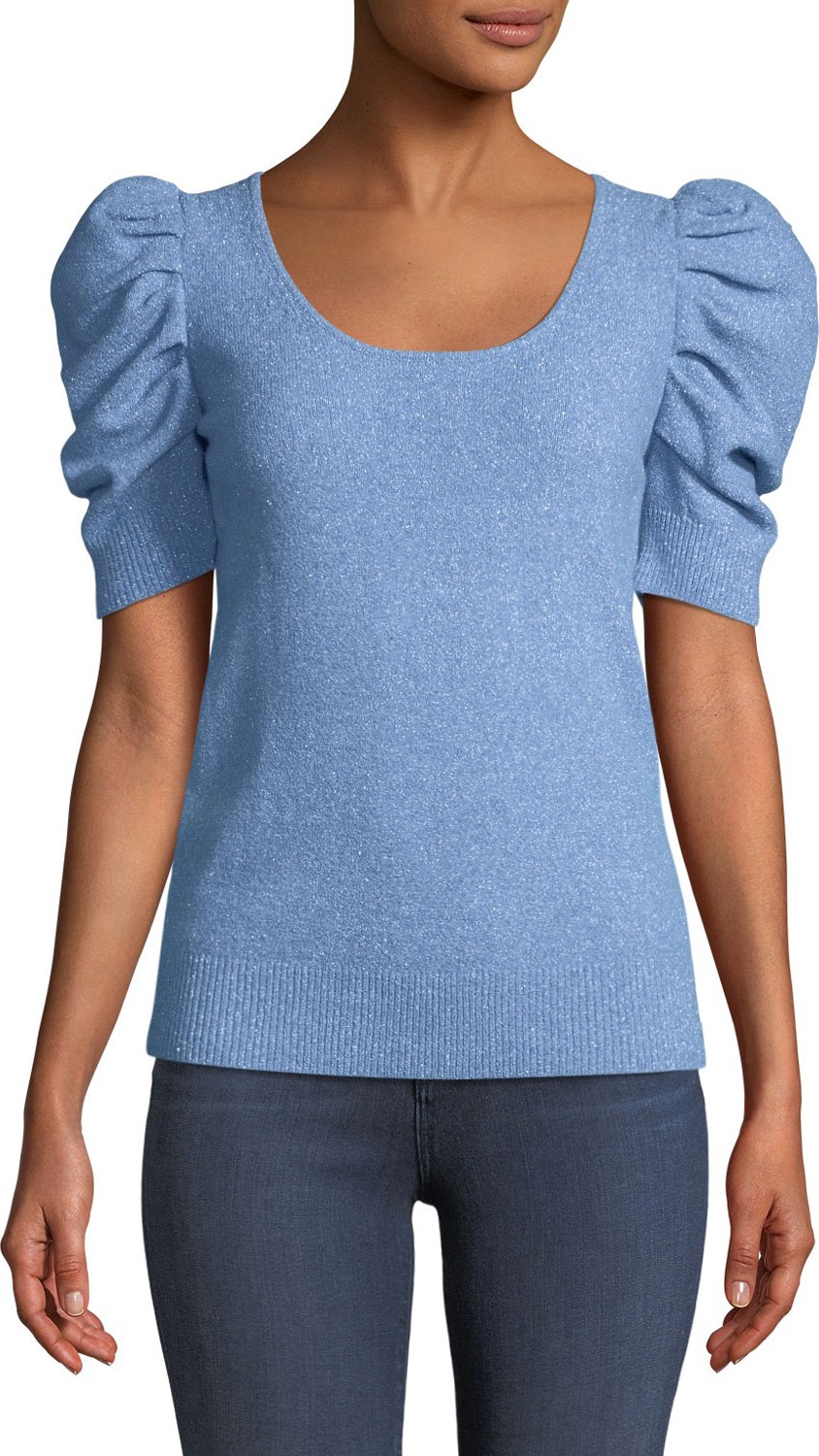 Co Short-Sleeve Scoop-Neck Metallic-Knit Pullover Sweater