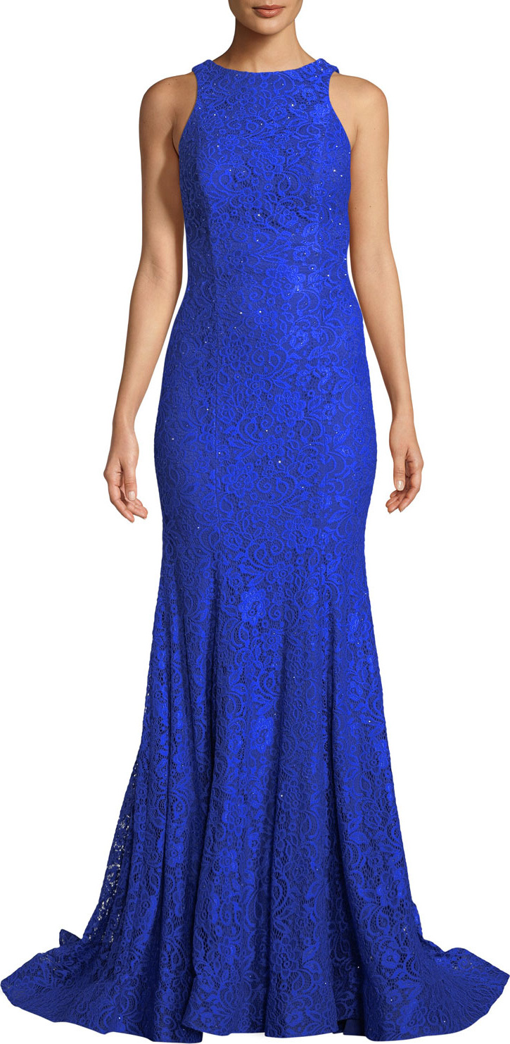 La Femme Stretch Lace Gown with Sheer Sides