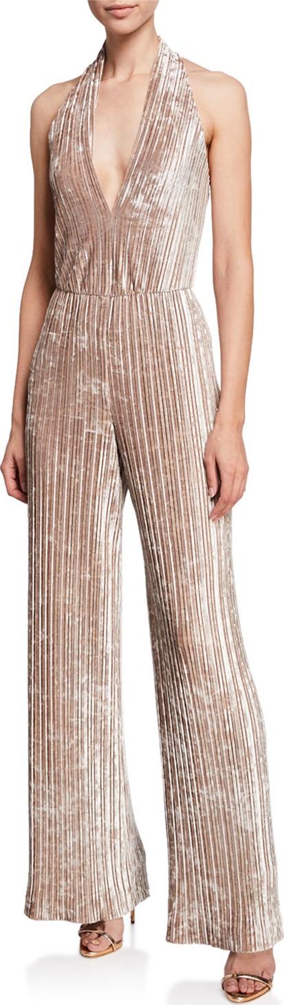 Black Halo Denley Halter-Neck Wide-Leg Pleated Velvet Jumpsuit