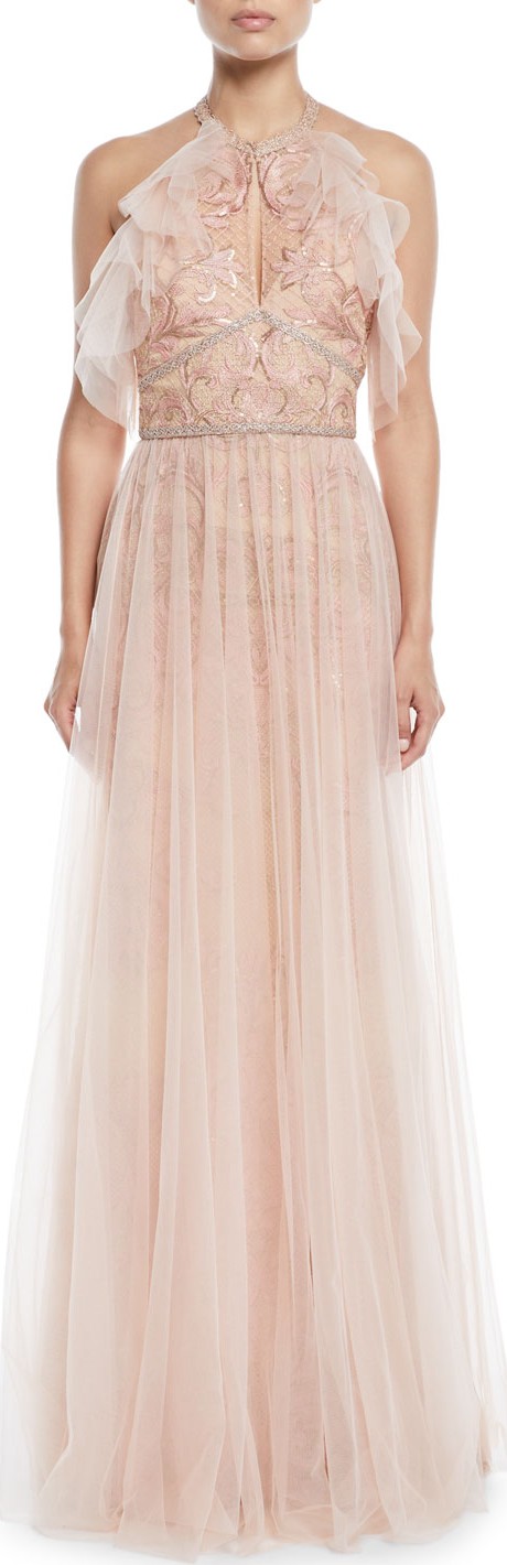 Marchesa Notte Embroidered Halter Gown w/ Tulle Skirt Overlay