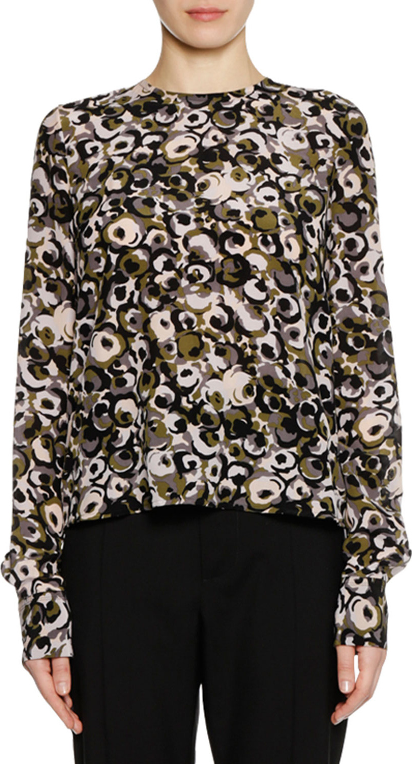 Marni Long-Sleeve Marken Abstract-Print Silk Woven Blouse