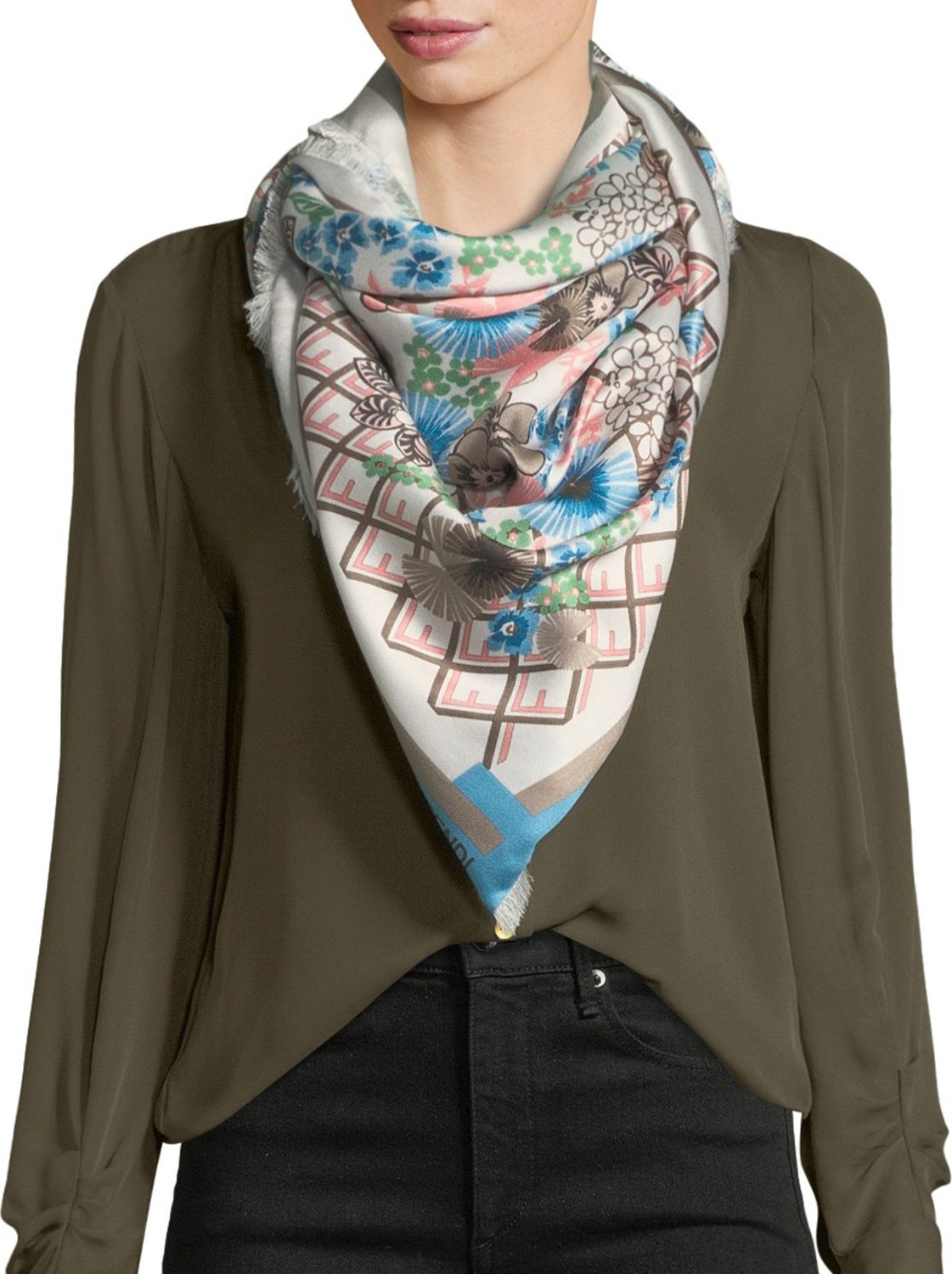 Fendi Floral Logo Silk-Wool Fringe Scarf