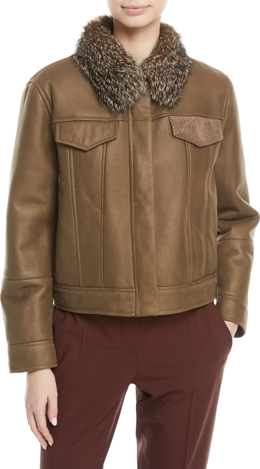 Brunello Cucinelli Cropped Shearling Leather Jacket with Fox Fur Collar