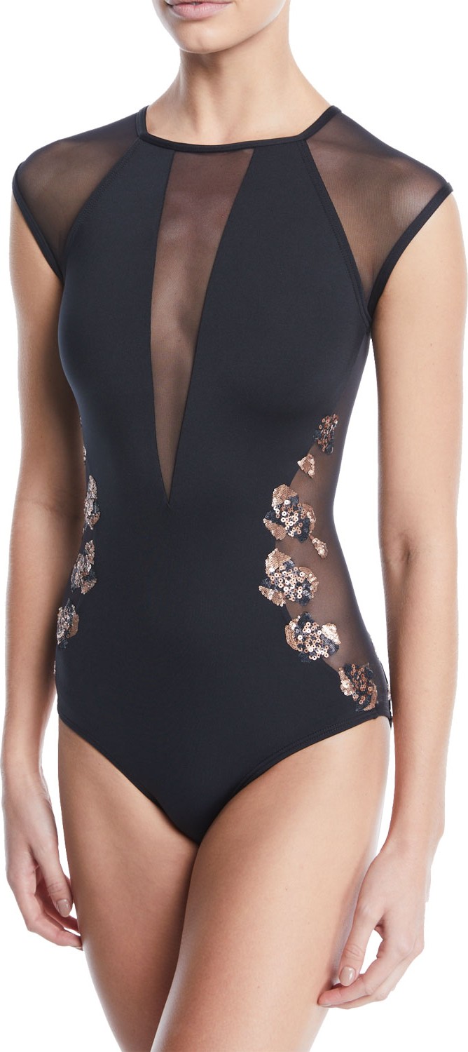 Carmen Marc Valvo Sequin Cap-Sleeve One-Piece Swimsuit