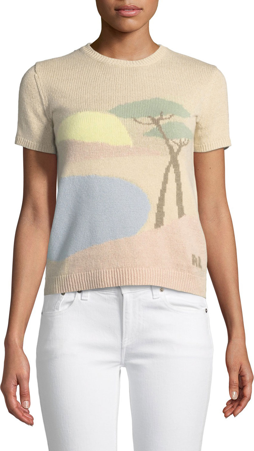 Ralph Lauren Crewneck Short-Sleeve Pastoral Scenic Intarsia Sweater
