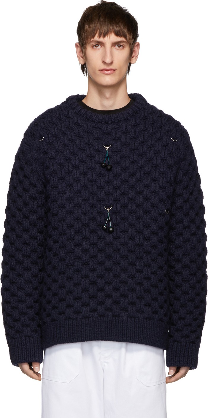 Raf Simons Navy Wool Open Honey Stitch Sweater
