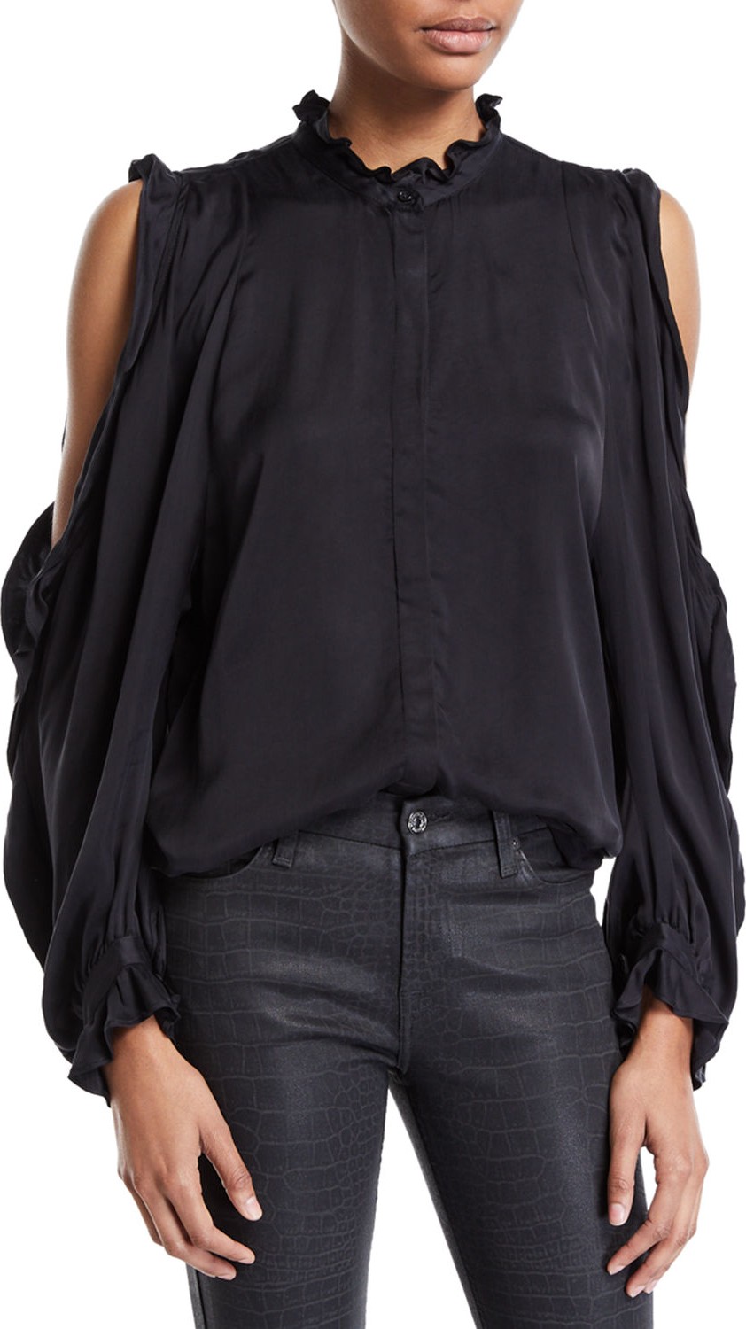 7 For All Mankind Cold-Shoulder Ruffle Button-Front Top