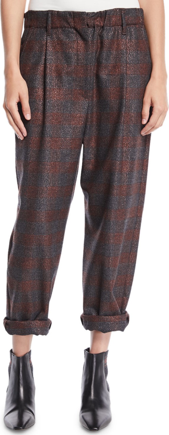 Brunello Cucinelli Metallic-Plaid Pull-On Pants