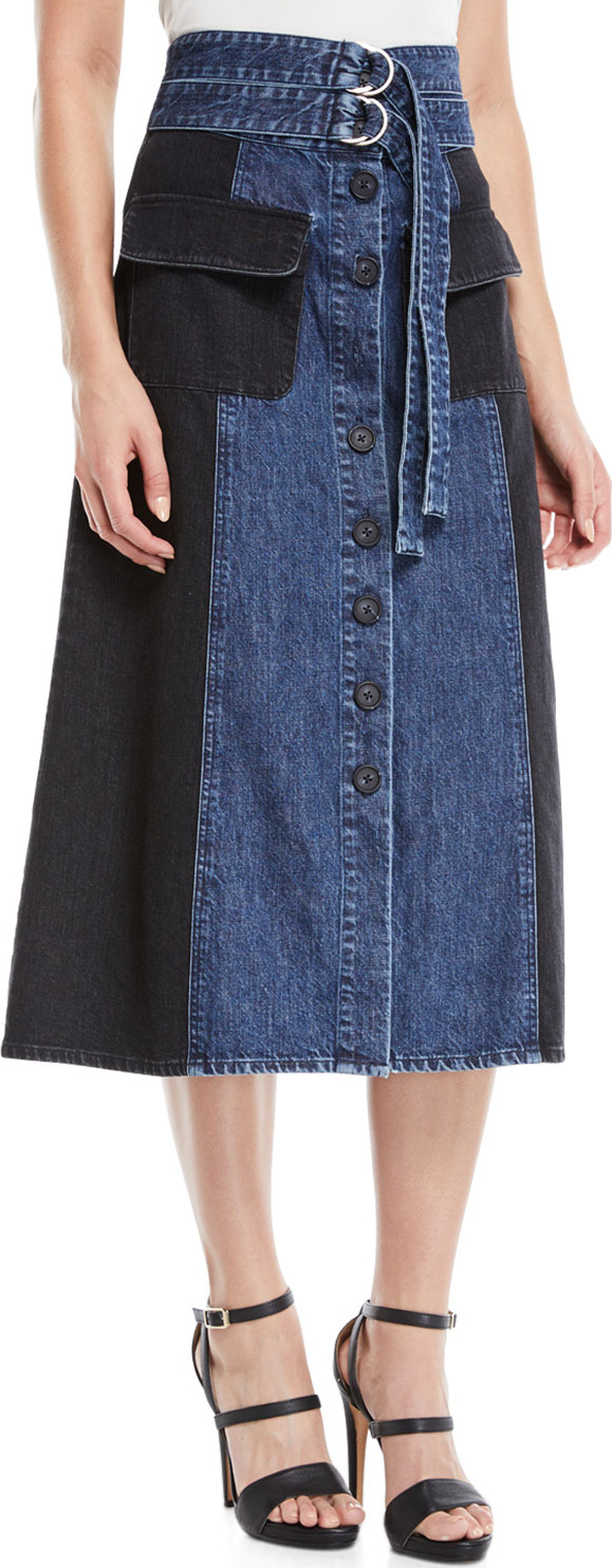 SEA Two-Tone A-Line Midi Denim Skirt