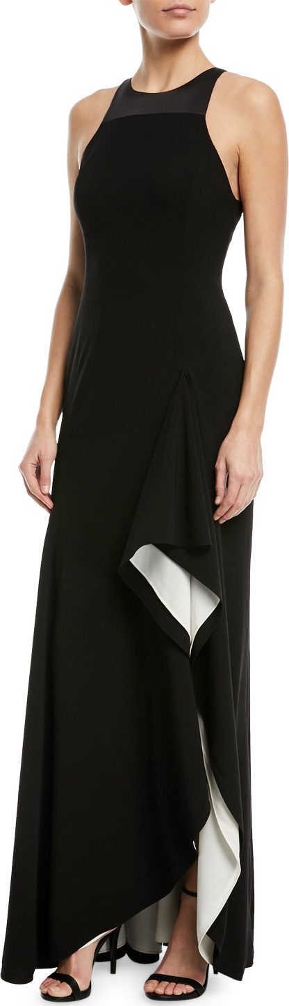 HALSTON HERITAGE Two-Tone Asymmetric Ruffle Gown