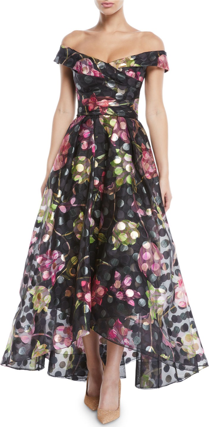 Marchesa Notte Off-the-Shoulder Fil-Coupe Gown w/ Draped Bodice