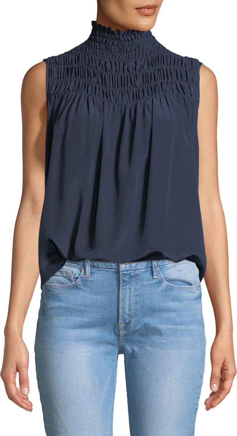 FRAME DENIM Smocked Sleeveless Silk Blouse