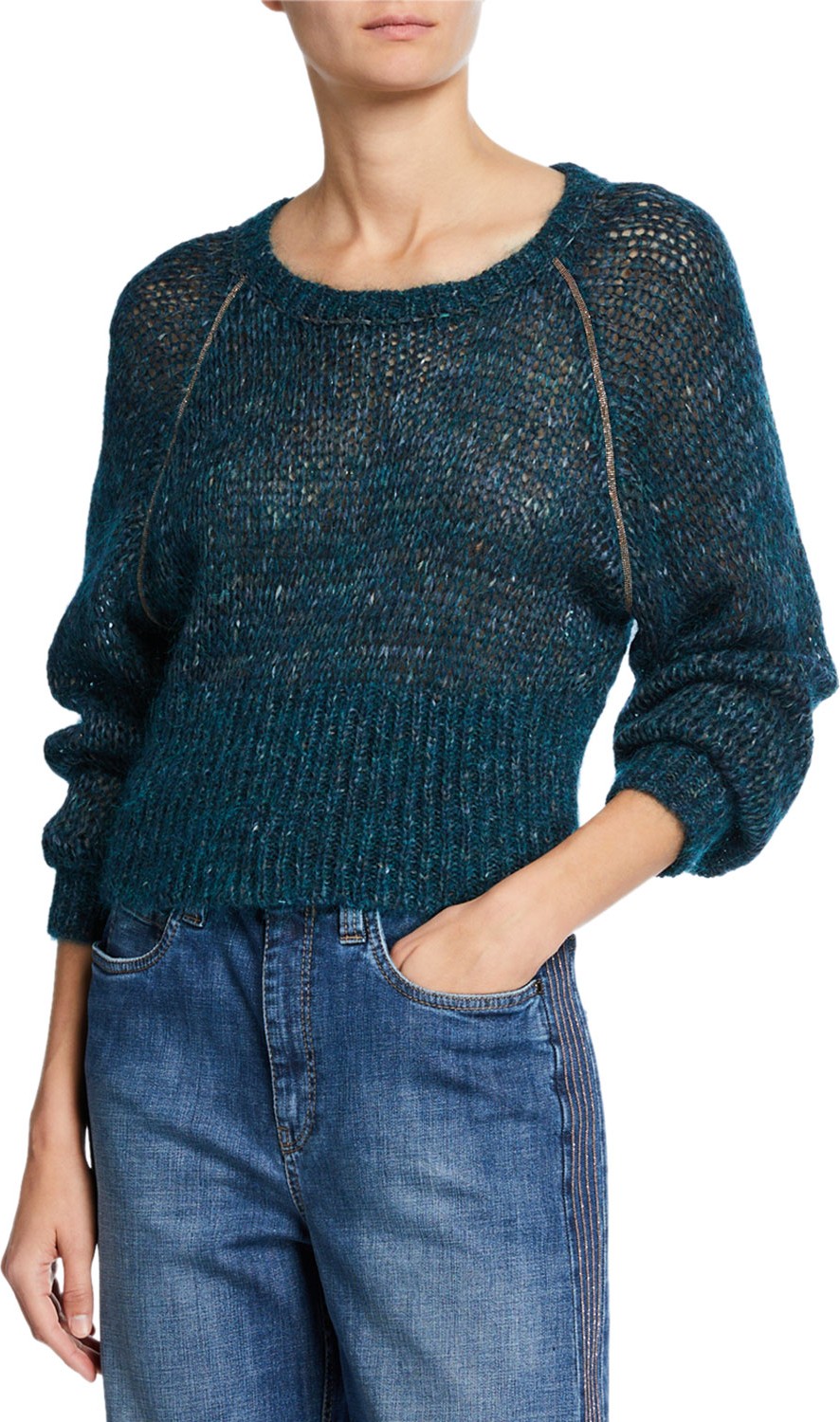 Brunello Cucinelli Monili-Beaded Mohair-Alpaca Crop Sweater